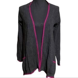 Design History Open Front Gray with Pink Trim Pocket Cardigan Sweater Women's S